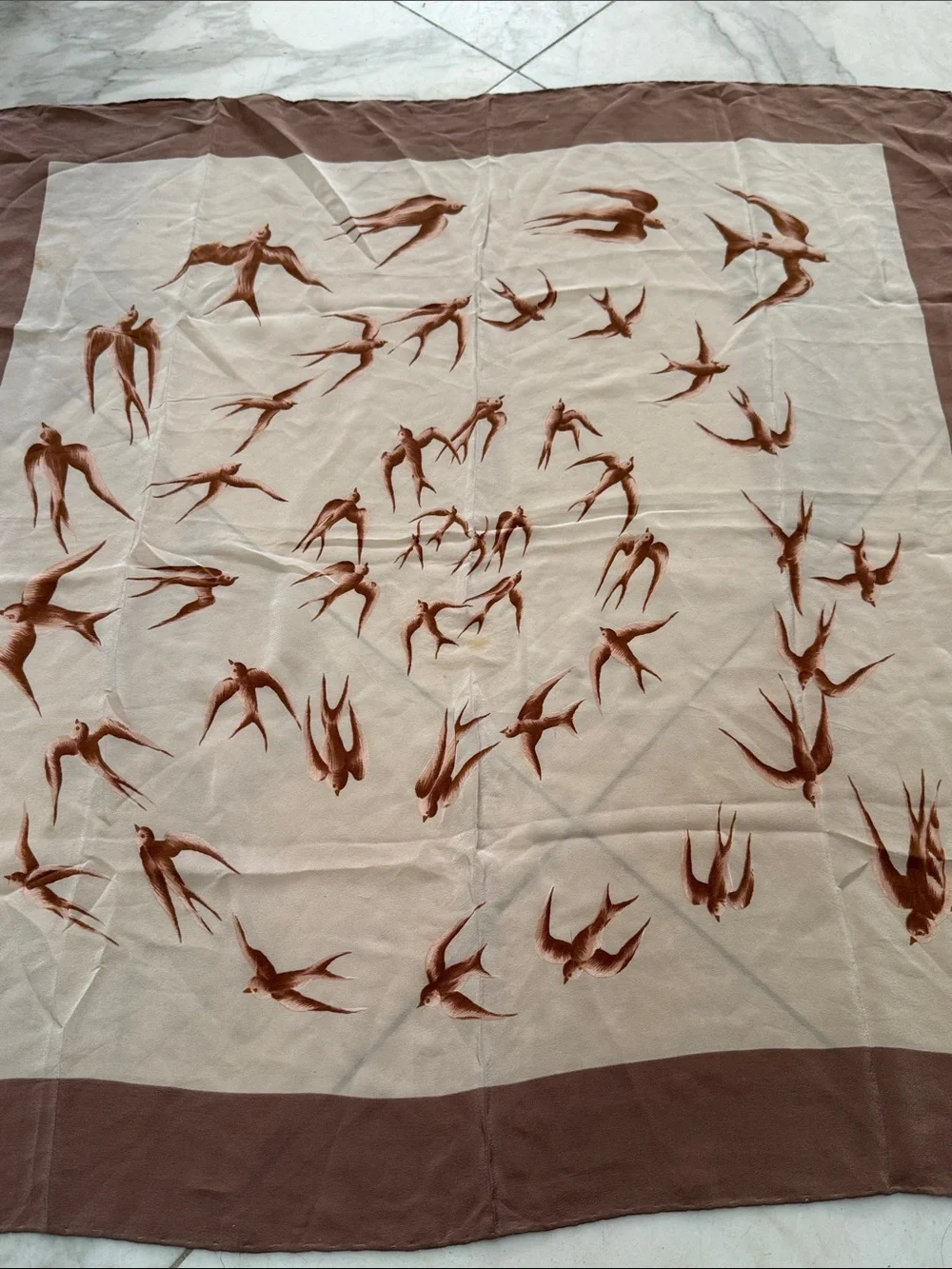 Idk Manila SWALLOWS Silk Brown & Cream Print Silk Scarf 🧣 vintage
